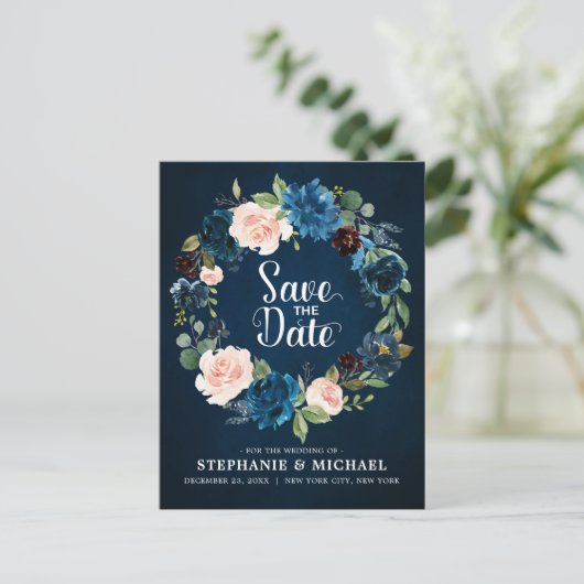 Carte Postale Faire-part Rose Rose Bohème Rose Écarlate Bleu Marine Enregis (Debout devant)