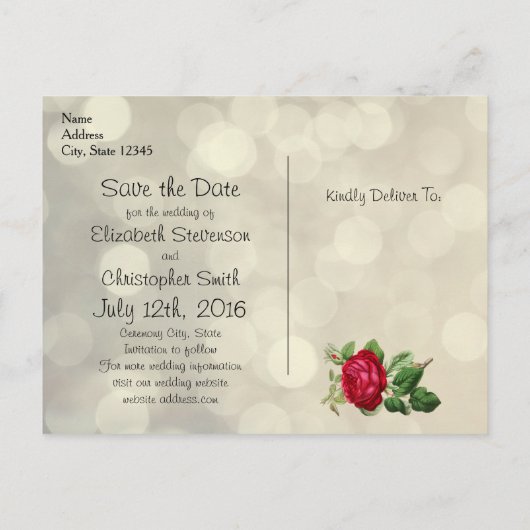 Carte Postale Faire-part Rose rouge sur Golden Bokeh Wedding Enregistrer la (Dos)