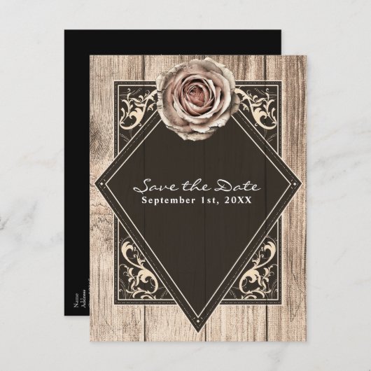 Carte Postale Faire-part Rose Rustique Élégant Bois Diamant Save the Date (Devant / Derrière)