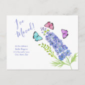 Carte Postale Faire-part Rose, Violet, Papillons Delphinium J'ai déménagé (Devant)