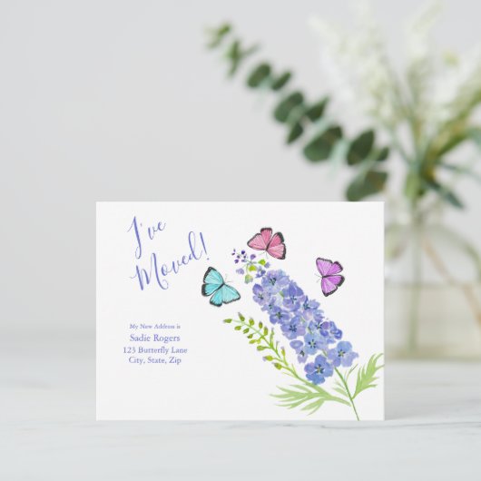Carte Postale Faire-part Rose, Violet, Papillons Delphinium J'ai déménagé (Debout devant)
