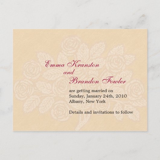 Carte Postale Faire-part Rosebush Bourgogne sur crème Enregistrer la date C (Dos)