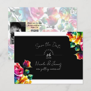 Carte Postale Faire-part Roses arc-en-ciel Fleurs noires et blanches Enregi
