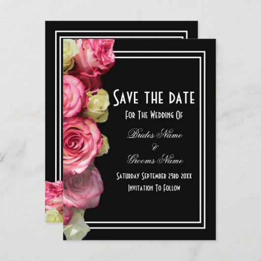 Carte Postale Faire-part Roses au mariage noir enregistrer la date (Devant / Derrière)