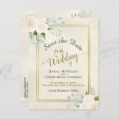 Carte Postale Faire-part Roses blanches et mariage eucalyptus Enregistrer l (Devant / Derrière)