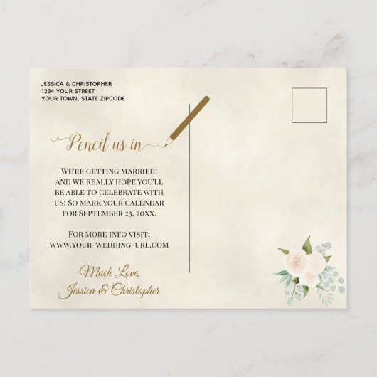 Carte Postale Faire-part Roses blanches et mariage eucalyptus Enregistrer l (Dos)