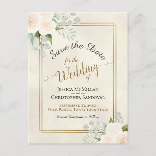 Carte Postale Faire-part Roses blanches et mariage eucalyptus Enregistrer l (Devant)