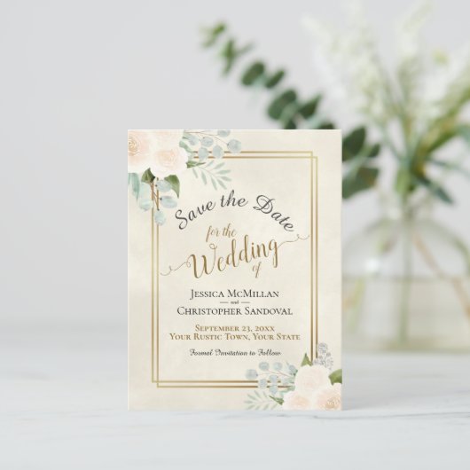 Carte Postale Faire-part Roses blanches et mariage eucalyptus Enregistrer l (Debout devant)