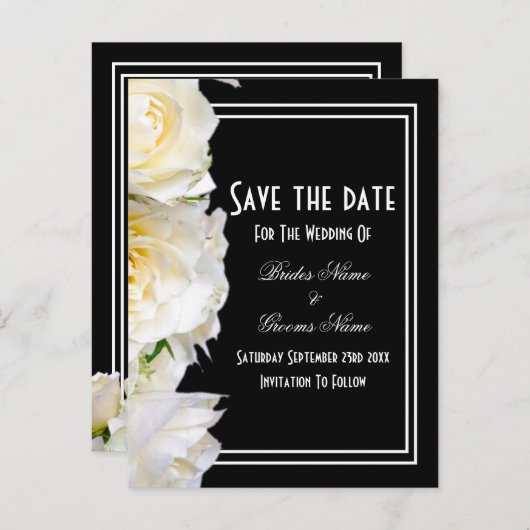 Carte Postale Faire-part Roses blanches sur mariage noir enregistrer la dat (Devant / Derrière)