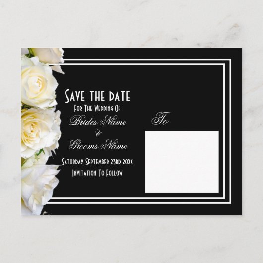 Carte Postale Faire-part Roses blanches sur mariage noir enregistrer la dat (Dos)