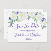 Carte Postale Faire-part Roses Blanches & Violettes Enregistrez la Date (Devant / Derrière)