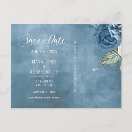 Carte Postale Faire-part Roses Bleu/Sauvegarde Pêche Date ID584 (Dos)