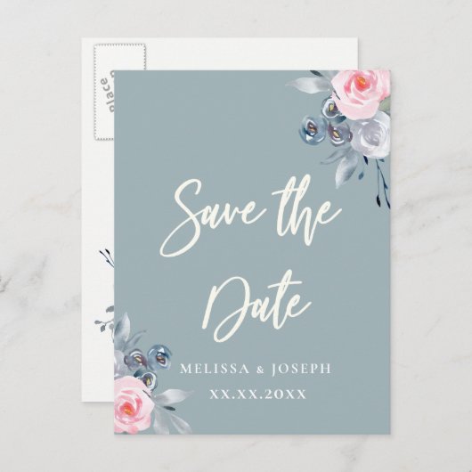 Carte Postale Faire-part roses bleues poussiéreuses enregistrent la date éc (Devant / Derrière)