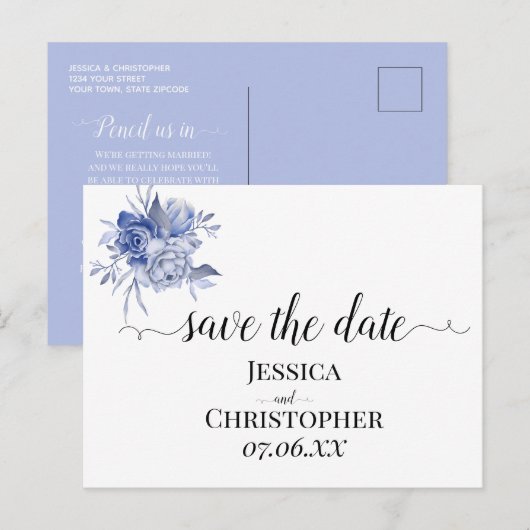 Carte Postale Faire-part roses bleues poussiéreuses rustiques et autres fle (Devant / Derrière)