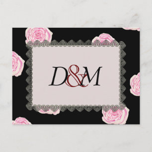 Carte Postale Faire-part Roses de chou rose et Mariage de dentelle noire