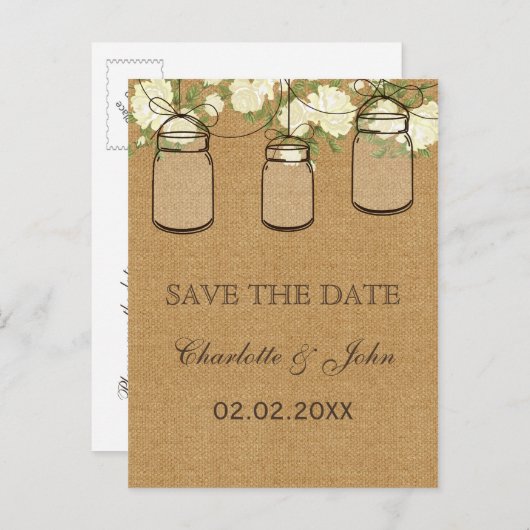 Carte Postale Faire-part Roses ivoire en toile de jute rustique pots mason  (Devant / Derrière)