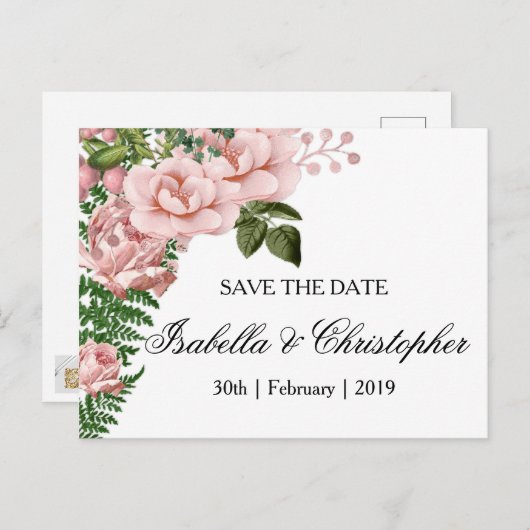 Carte Postale Faire-part Roses roses et fougères roses mariage Enregistrer (Devant / Derrière)