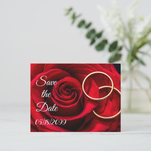 Carte Postale Faire-part Roses rouges avec anneaux de mariage, enregistrer  (Debout devant)