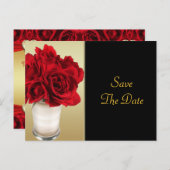 Carte Postale Faire-part Roses rouges & coeurs, mariage or et noir (Devant / Derrière)