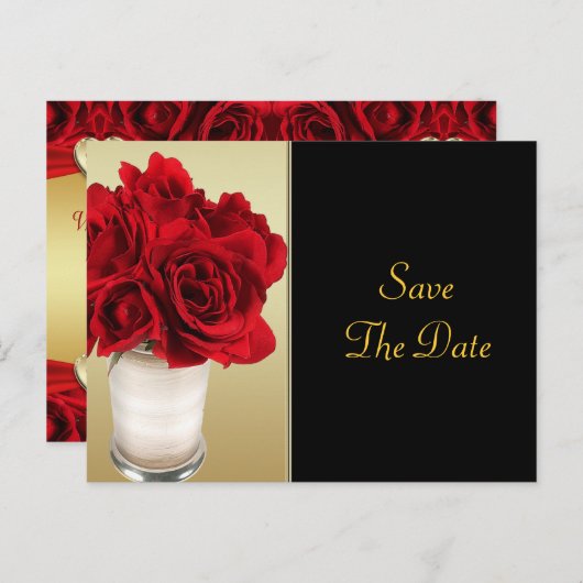 Carte Postale Faire-part Roses rouges & coeurs, mariage or et noir (Devant / Derrière)