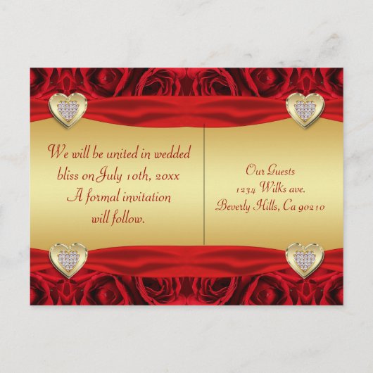 Carte Postale Faire-part Roses rouges & coeurs, or et mariage noir (Dos)