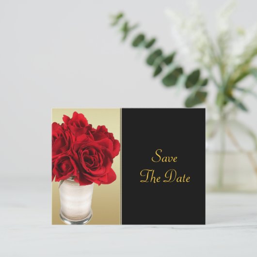 Carte Postale Faire-part Roses rouges & coeurs, or et mariage noir (Debout devant)