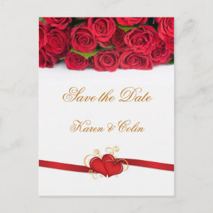 Carte Postale Faire-part Roses rouges et coeurs Sauvez la date