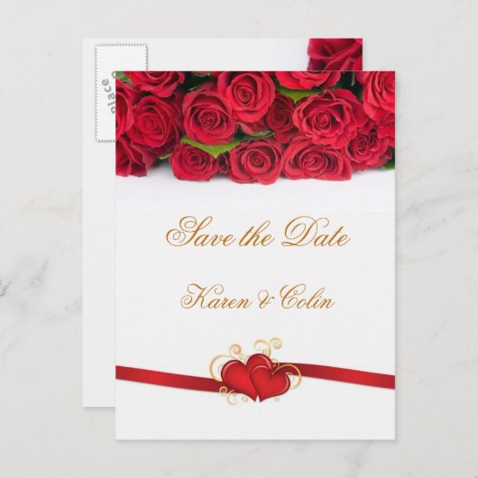 Carte Postale Faire-part Roses rouges et coeurs Sauvez la date (Devant / Derrière)