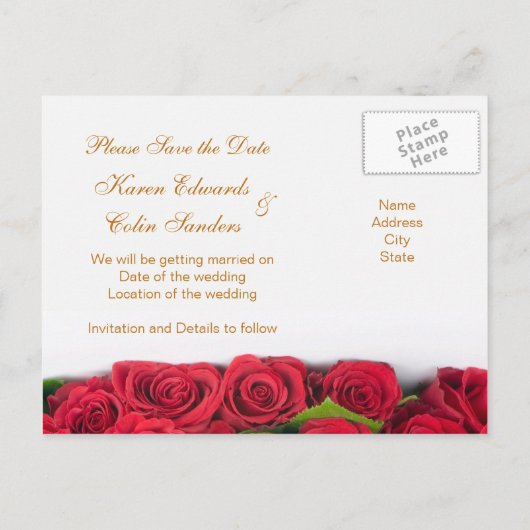 Carte Postale Faire-part Roses rouges et coeurs Sauvez la date (Dos)
