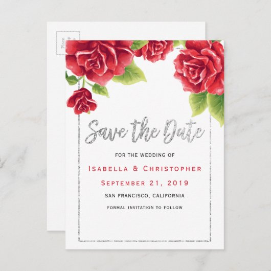 Carte Postale Faire-part Roses rouges et Parties scintillant d'argent Enreg (Devant / Derrière)