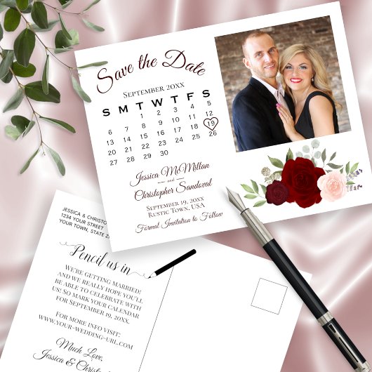 Carte Postale Faire-part Roses rouges et roses photo et calendrier Enregist