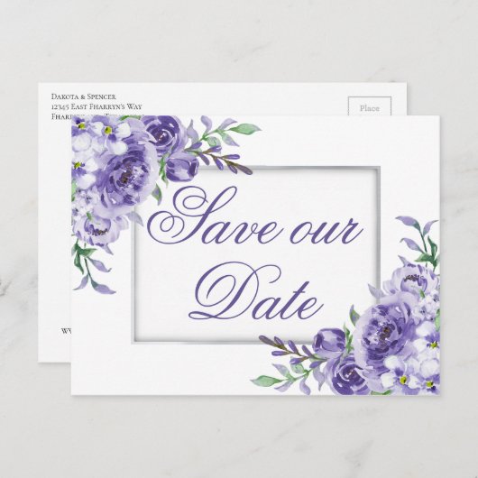 Carte Postale Faire-part Roses Violettes | Élégant Enregistrer la Date Aqua (Devant / Derrière)