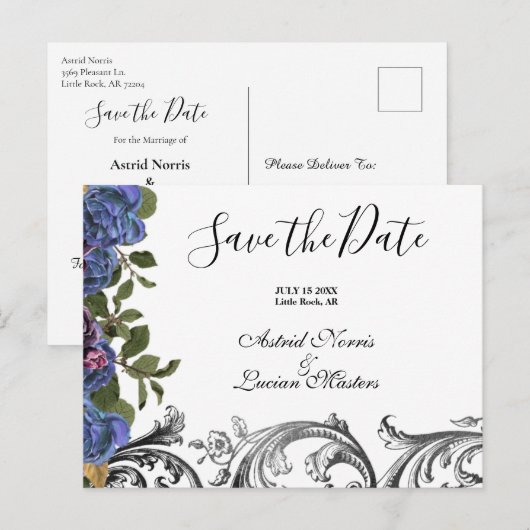 Carte Postale Faire-part Roses Violettes Foncées Enregistrent la Date (Devant / Derrière)