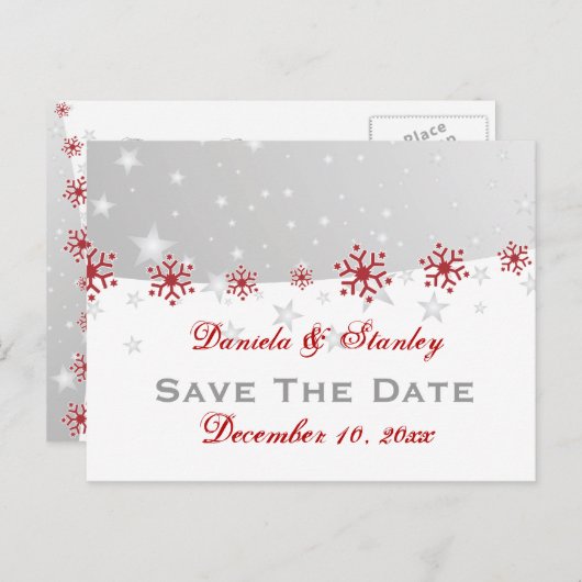 Carte Postale Faire-part Rouge argent gris flocon de neige mariage Enregist (Devant / Derrière)