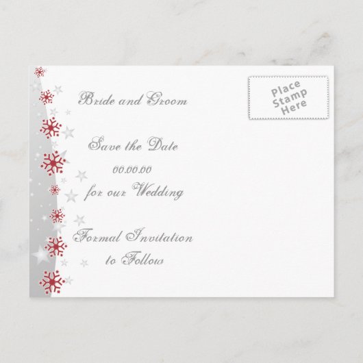 Carte Postale Faire-part Rouge argent gris flocon de neige mariage Enregist (Dos)