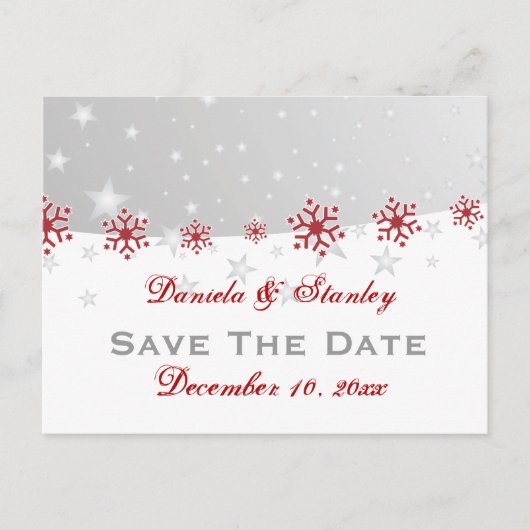 Carte Postale Faire-part Rouge argent gris flocon de neige mariage Enregist (Devant)