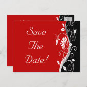 Carte Postale Faire-part Rouge Blanc & Noir Fleurs Mariage Épargnez la Dat (Devant / Derrière)