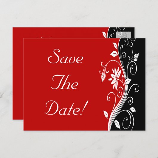 Carte Postale Faire-part Rouge Blanc & Noir Fleurs Mariage Épargnez la Dat (Devant / Derrière)