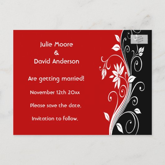 Carte Postale Faire-part Rouge Blanc & Noir Fleurs Mariage Épargnez la Dat (Dos)