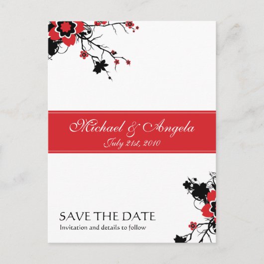 Carte Postale Faire-part Rouge cerise en fleurs Sakura Enregistrer la date (Devant)