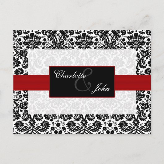 Carte Postale Faire-part rouge damas, noir et blanc  Save the Date (Devant)