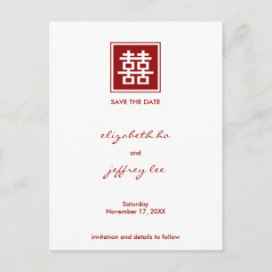 Carte Postale Faire-part Rouge Double Bonheur Enregistrer La Date Mariage C