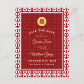 Carte Postale Faire-part Rouge Double Bonheur Motif Chinois Sauver La Date (Devant)