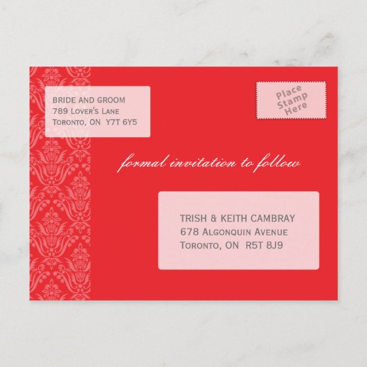 Carte Postale Faire-part Rouge et Bleu Damassé Enregistrer la Date (Dos)