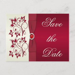 Carte Postale Faire-part Rouge et ivoire Floral Sauvegarder la date