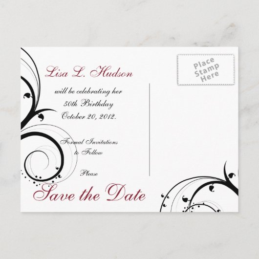 Carte Postale Faire-part Rouge, Gris, Black Swirls Enregistrer la date Cart (Dos)