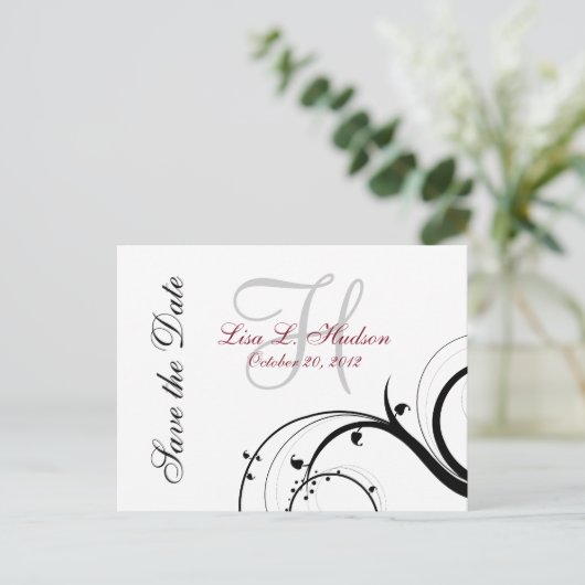 Carte Postale Faire-part Rouge, Gris, Black Swirls Enregistrer la date Cart (Debout devant)