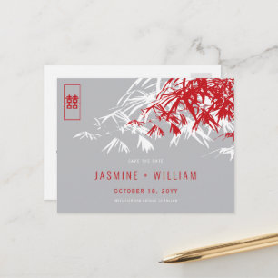 Carte Postale Faire-part Rouge Gris Zen Bambou Mariage Chinois Enregistrer