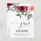 CARTE POSTALE FAIRE-PART ROUGE MARSALA ROSE AQUARELLE FLEURIE ÉVÉNEMENT À V (Devant / Derrière)