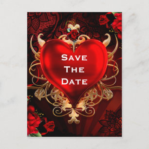 Carte Postale Faire-part Rouge & Or Cœur d'Amour Gothique Mariage Save the 